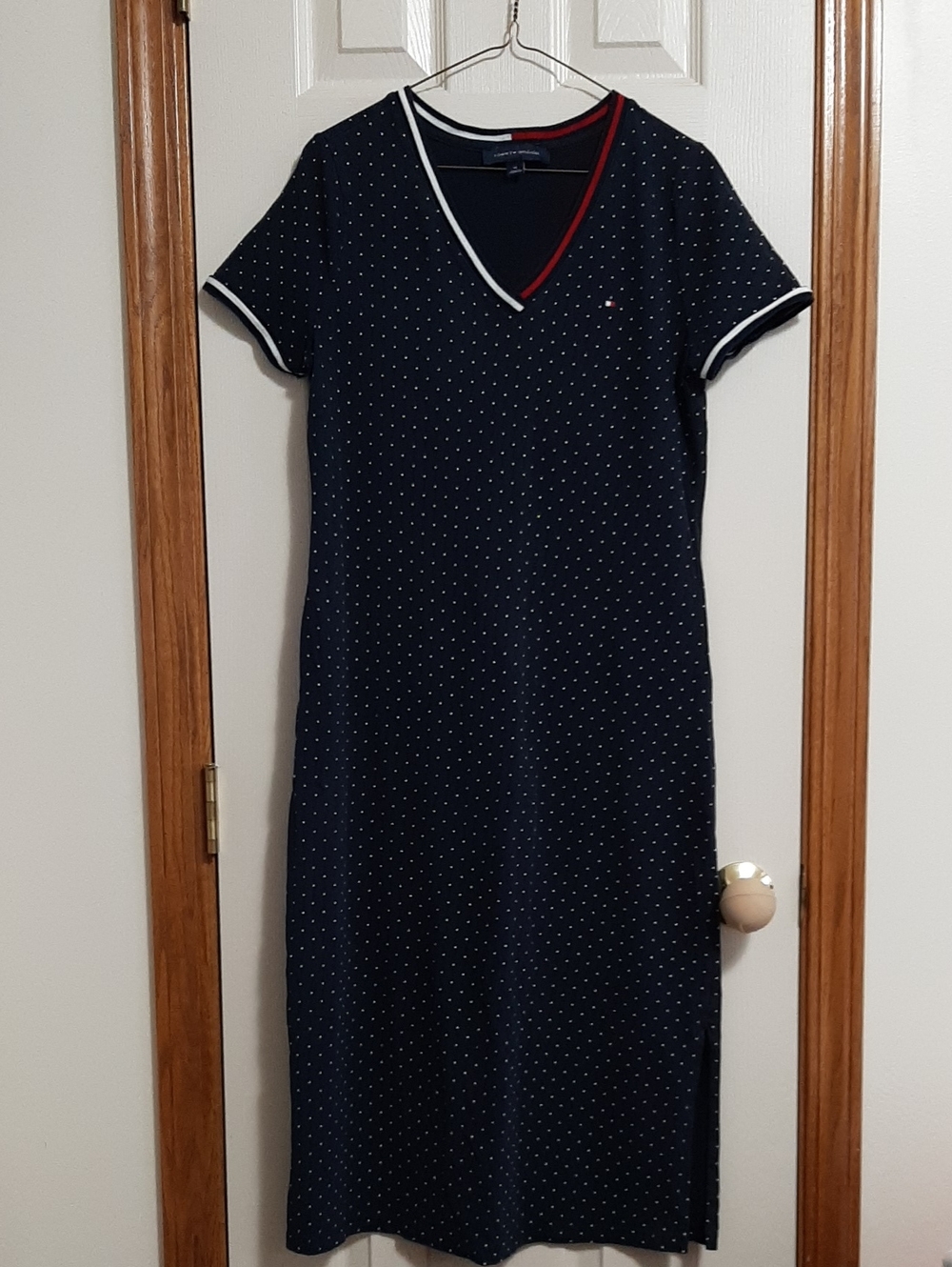 Tommy Hilfiger Navy Polka Dot Maxi Dress with Red-Trim V-Neck